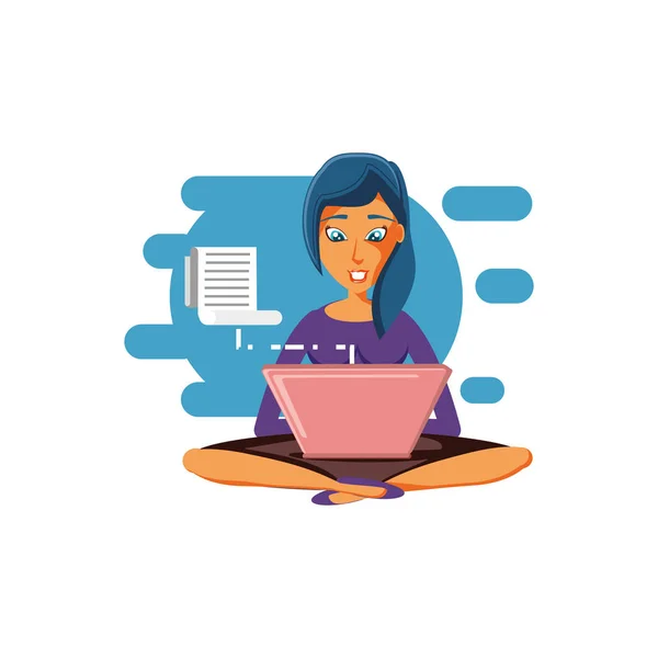 Femme assise avec ordinateur portable et reçu papier — Image vectorielle