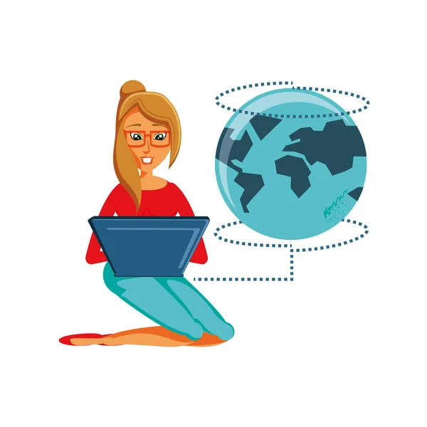 Kobieta siedząca z laptopa i planety ziemi — Wektor stockowy