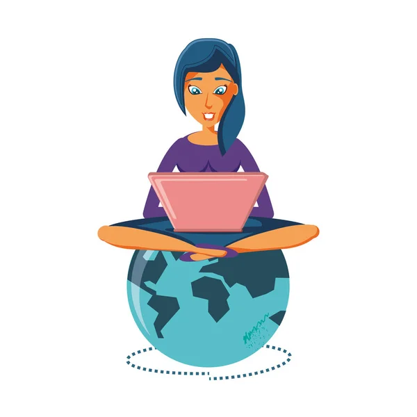 Kobieta siedząca z laptopa i planety ziemi — Wektor stockowy