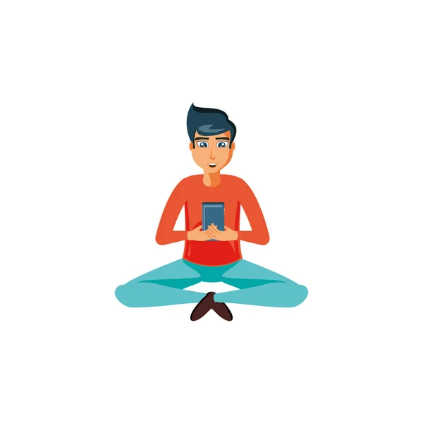 Young man sitting with smartphone device — Stock Vector