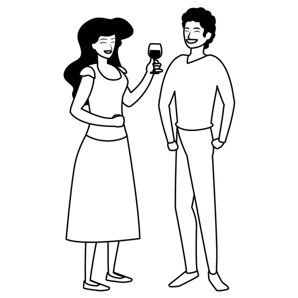 Pareja Feliz Disfrutando Vino Sobre Fondo Blanco Ilustración Vectorial — Vector de stock