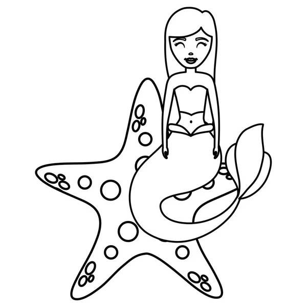 Linda sirena de cuento de hadas con estrella de mar — Vector de stock