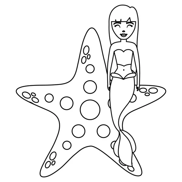 Linda sirena de cuento de hadas con estrella de mar — Vector de stock