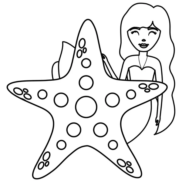 Linda sirena de cuento de hadas con estrella de mar — Vector de stock