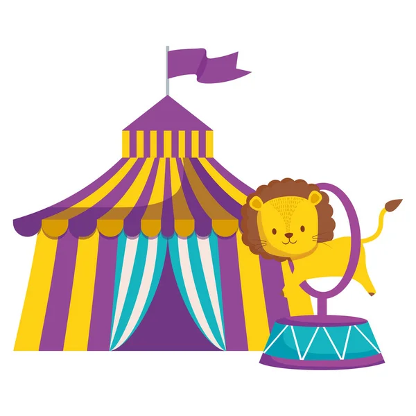 Mignon cirque lion sautant anneau dans tente — Image vectorielle