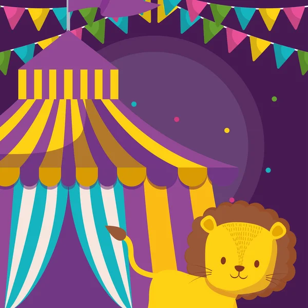 Lindo león de circo con tienda — Vector de stock