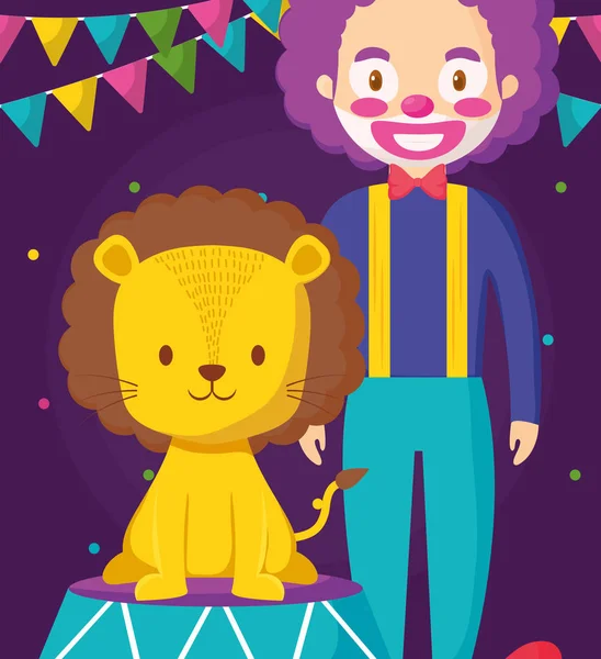 Lindo león de circo en el escenario con payaso — Vector de stock