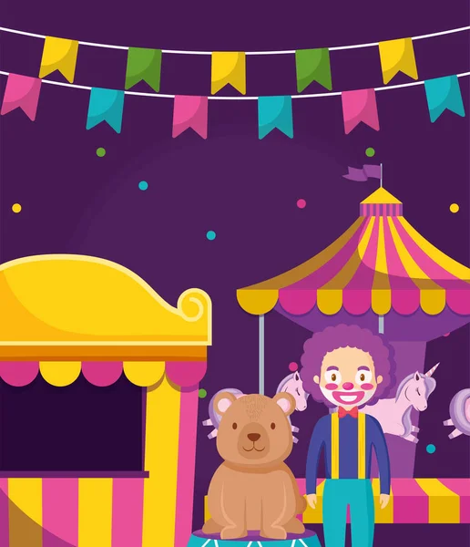 Payaso de circo divertido con oso en el escenario — Vector de stock