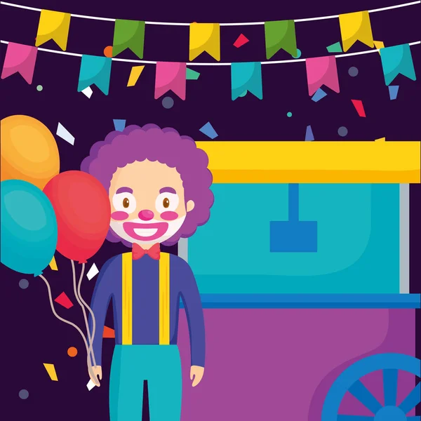 Palhaço de circo com carrinho de milho pop e balões — Vetor de Stock