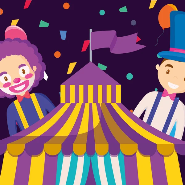 Payaso de circo y mago personajes divertidos — Vector de stock