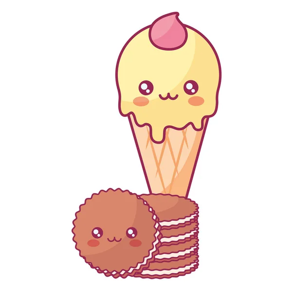 Carino gelato con biscotti personaggi kawaii — Vettoriale Stock