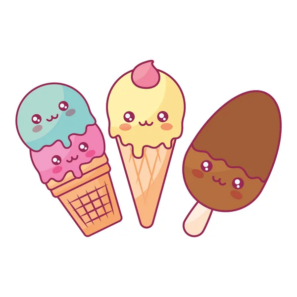Χαριτωμένο παγωτά kawaii χαρακτήρες — Διανυσματικό Αρχείο