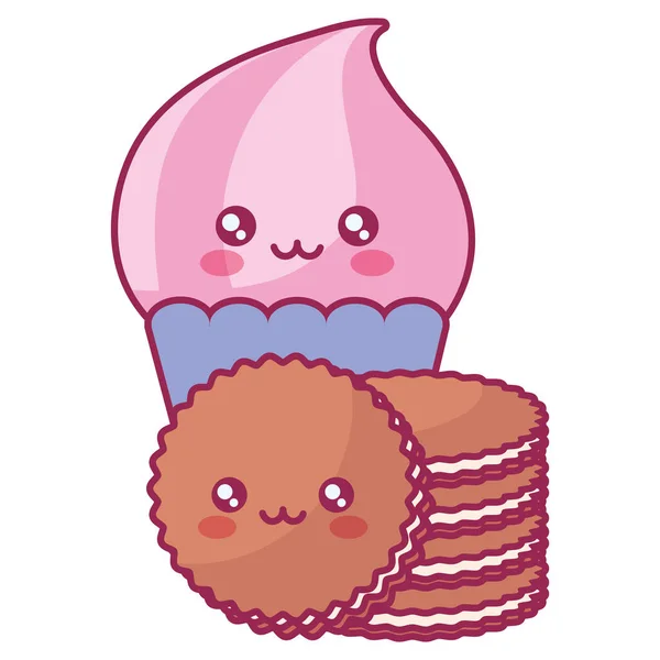 Délicieux cupcake avec des biscuits caractères kawaii — Image vectorielle