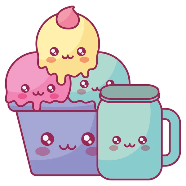 Délicieuse crème glacée en tasse caractère kawaii — Image vectorielle