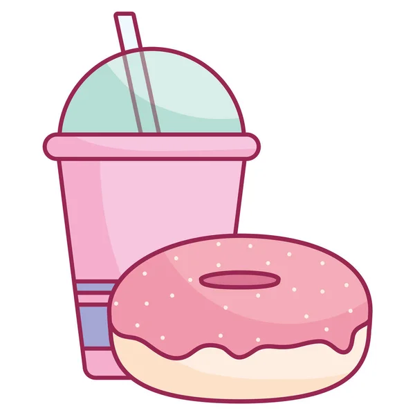 Taza de plástico con paja y donut — Vector de stock