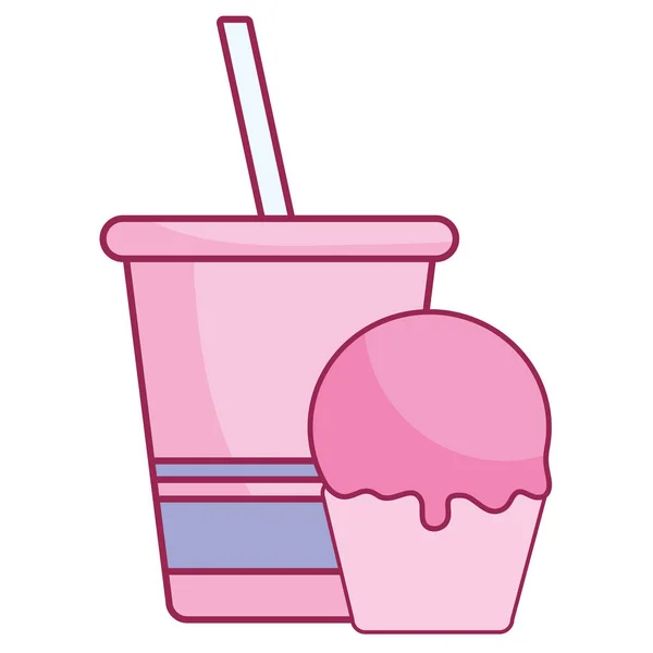 Tasse en plastique avec paille et cupcake — Image vectorielle