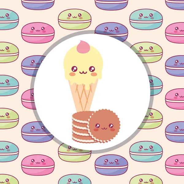 Sorvete bonito com cookies personagens kawaii — Vetor de Stock