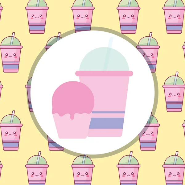 Tasse en plastique avec paille et cupcake — Image vectorielle