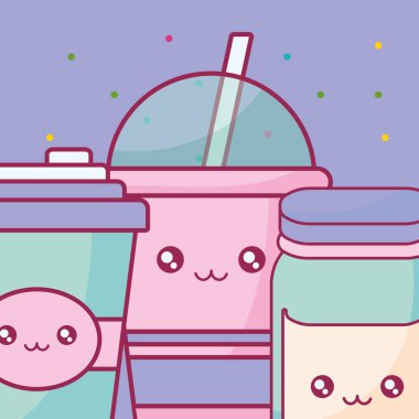 saman ve kavanoz kawaii karakterlerle plastik bardak