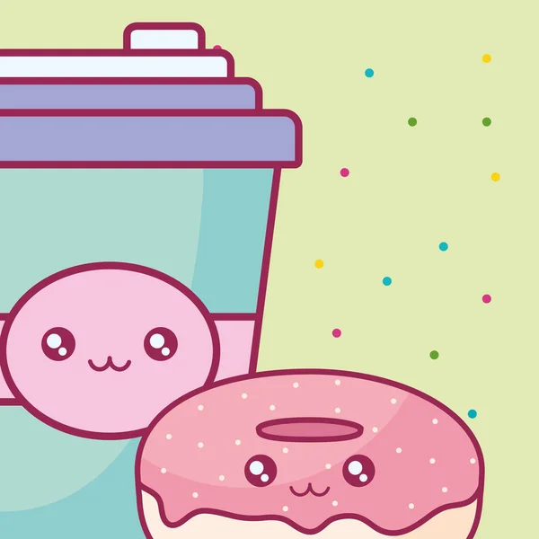 Rosquillas dulces y beber carácter kawaii — Vector de stock