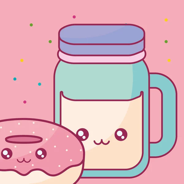 Zoete donuts en drankje kawaii karakter — Stockvector