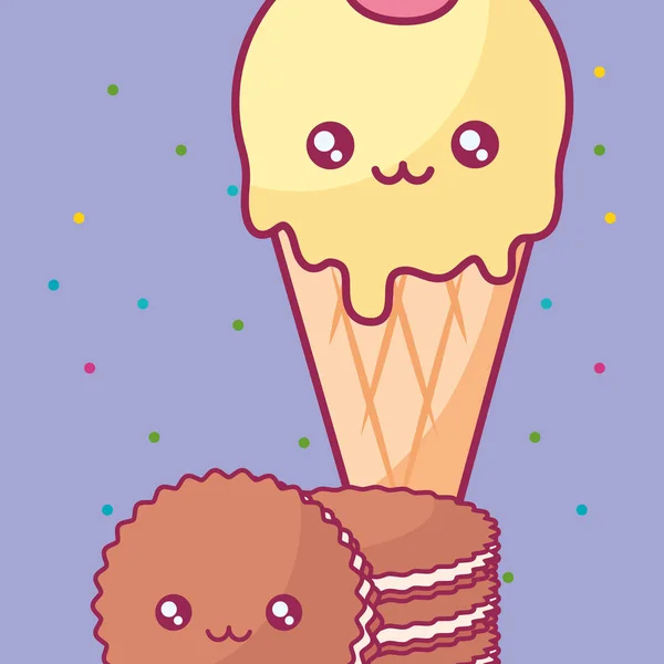 可爱的冰淇淋与饼干可爱的字符 — 图库矢量图片