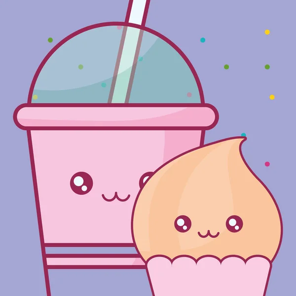 Πλαστικό κύπελλο με Καλαμάκι και cupcake kawaii χαρακτήρες — Διανυσματικό Αρχείο