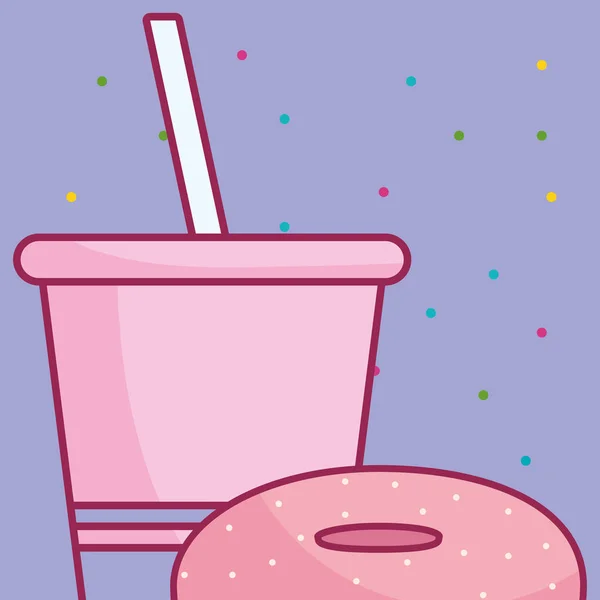 Taza de plástico con paja y donut — Vector de stock