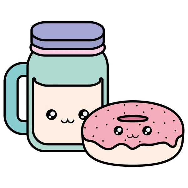 Γλυκό donuts και ποτό kawaii χαρακτήρα — Διανυσματικό Αρχείο