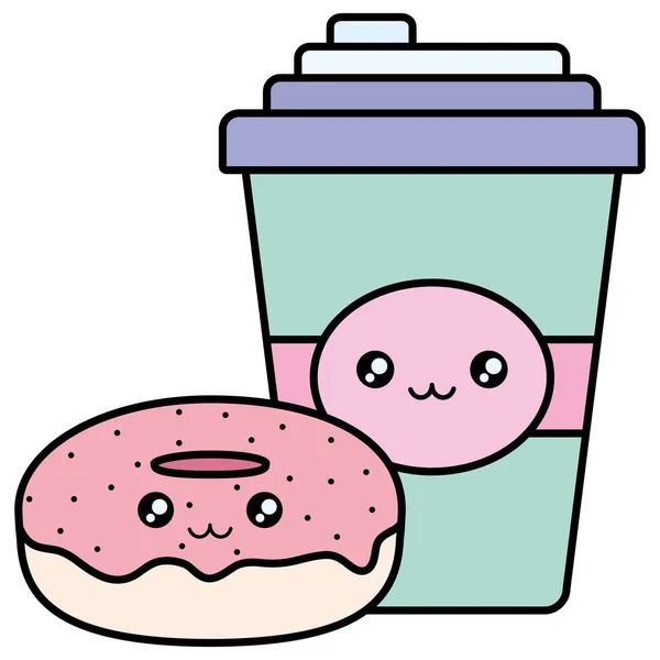Zoete donuts en drankje kawaii karakter — Stockvector