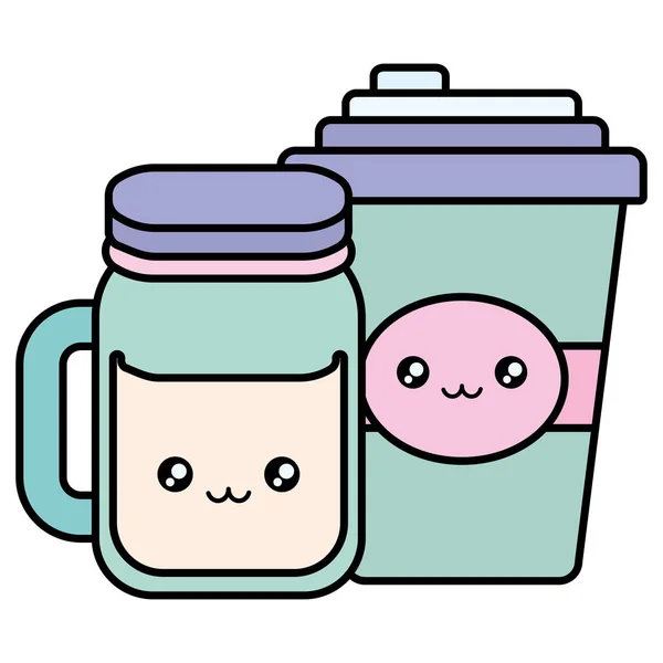 塑料杯容器和罐 kawaii 字符 — 图库矢量图片