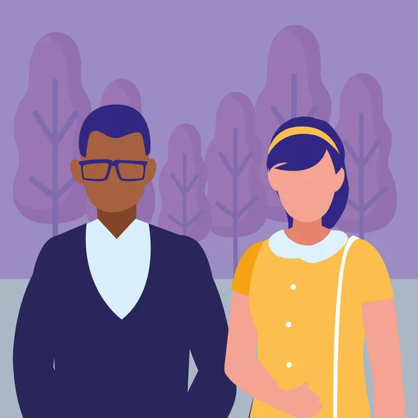 Jóvenes interracial pareja avatares caracteres — Vector de stock