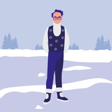 Genç adam gözlük ve kış giysileri