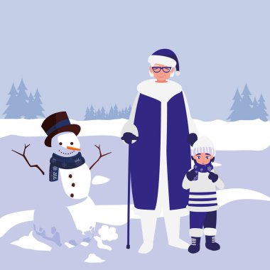 sevimli büyükanne ve torunu ile kış giysileri