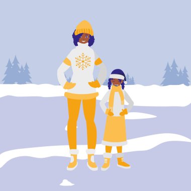 siyah anne ve kızı kış giysileri ile