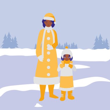 siyah anne ve kızı kış giysileri ile