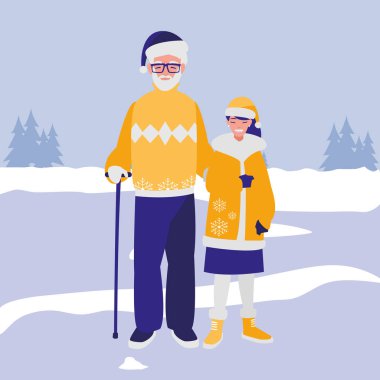 şirin dedesi ve kış giysileri ile kızı