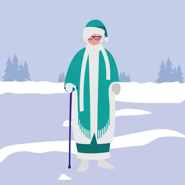 Linda abuela con caña y ropa de invierno — Vector de stock