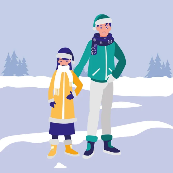 Apa és lánya, téli ruházat — Stock Vector