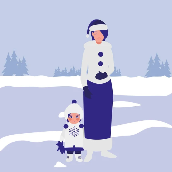 Linda madre e hija con ropa de invierno — Vector de stock