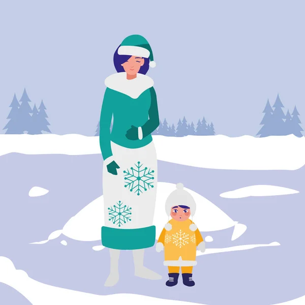 Linda madre e hija con ropa de invierno — Vector de stock