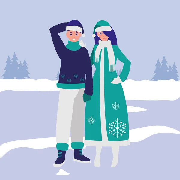 Молодая пара в зимней одежде — стоковый вектор