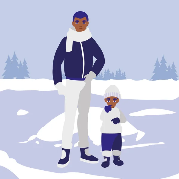 Zwarte vader en zoon met winter kleding — Stockvector