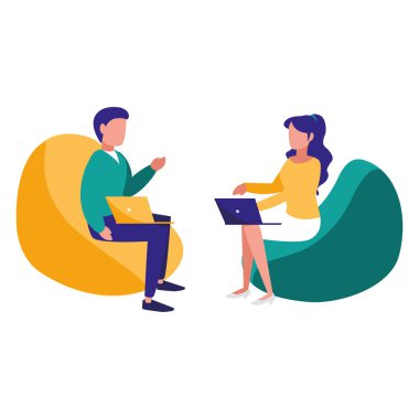 kanepede dizüstü vektör çizim tasarım ile genç bir çift işçi