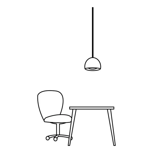 Oficina lugar de trabajo con escritorio y silla escena — Vector de stock