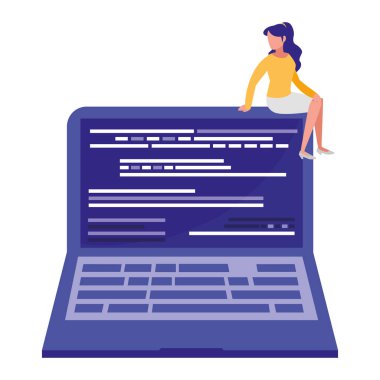 küp vektör çizim tasarım içinde oturan genç kadın