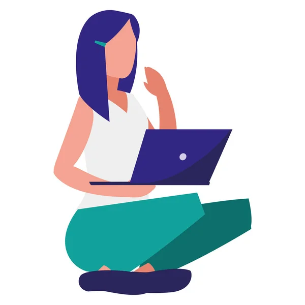 Jovem mulher sentada com laptop —  Vetores de Stock