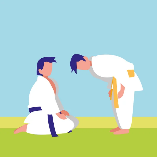 Pareja luchando contra personajes de artes marciales — Vector de stock