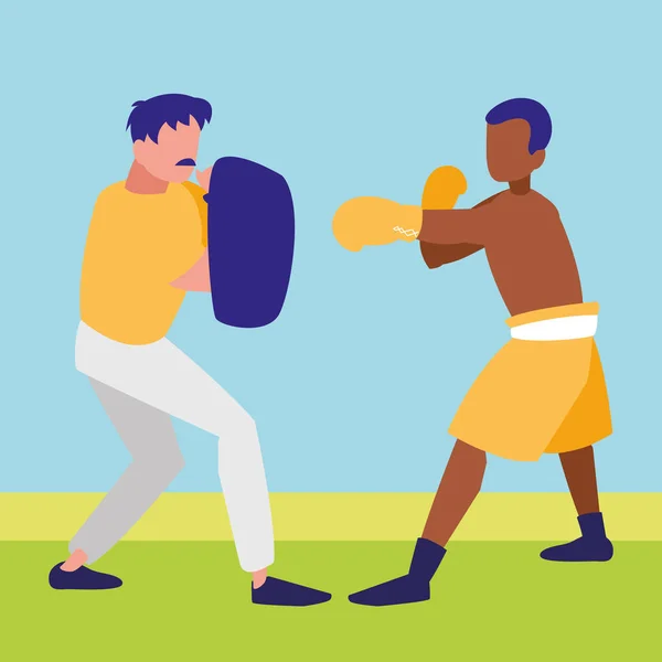 Boxeador y entrenamiento de boxeo avatares personajes — Vector de stock