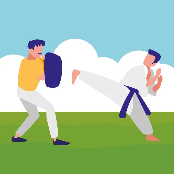 Man and sparring practicing martial arts characters — Stock Vector